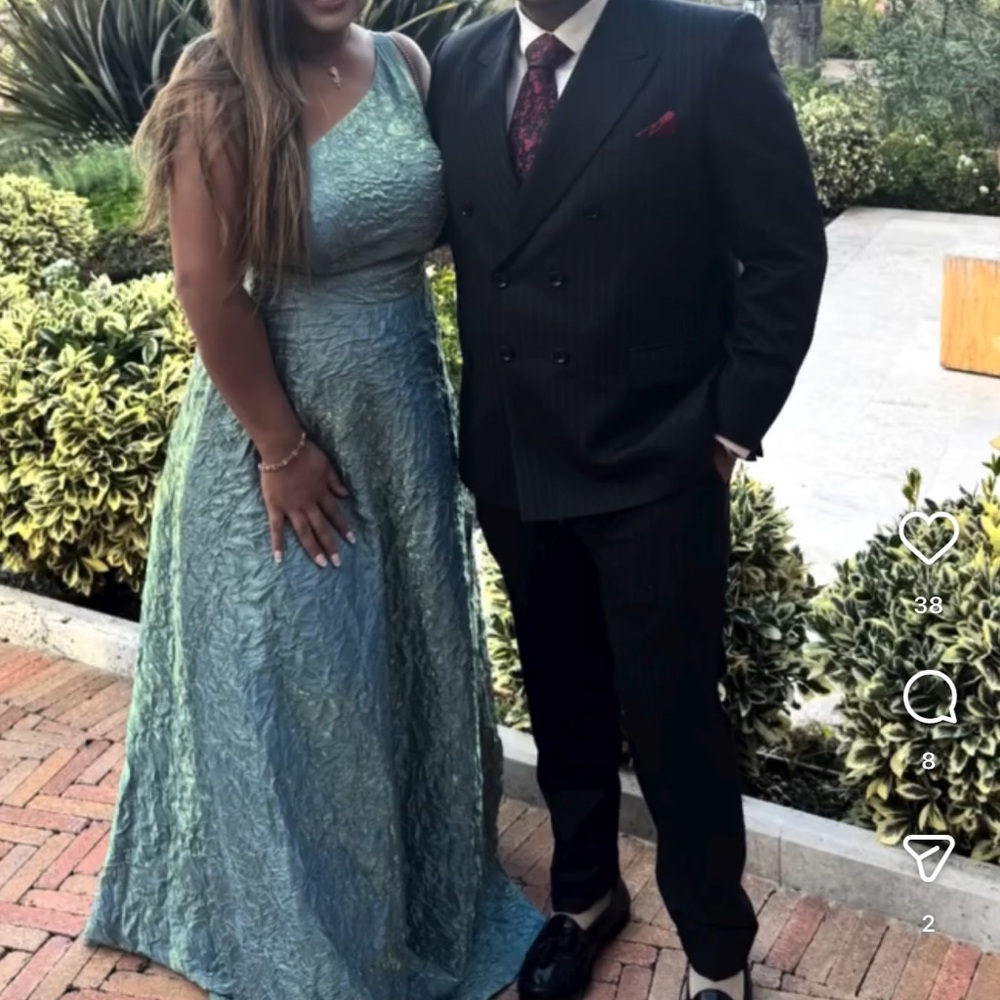 Fashion Nova One-Shoulder Lace Gown in Pale Blue